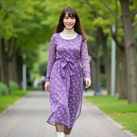 50 years old Japanese beautiful mature woman, not too thin body, glamorous body, glamorous woman, elongated face, sharp face, shiny skin, white skin, brown long straight hair with bangs, (long sleeve dress), (dress with small white floral pattern on violet...