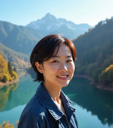 Realistics , Korean woman 47 years old short pixie medium layered hairstyle dark brown hair ,  thin smile , looking at the camera, wearing blue-indigo shirt and jacket, green Himalayan cherry and maple forest, beautiful lake and green mountains, stunning v...