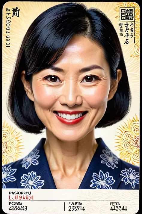 Front-facing portrait of beautiful Japanese woman in her 40s, with (black) hair, smiling gently, captured in a passport photo style. The artwork embodies style of Fujita Tsuguharu, featuring intricate details, soft lighting, and vibrant colors that enhance...