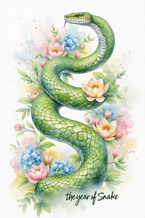 ink watercolor of a green snake, color splashing, pastel coloring, intricate detailed, Painting has text "The Year Of Snake" in the bottom