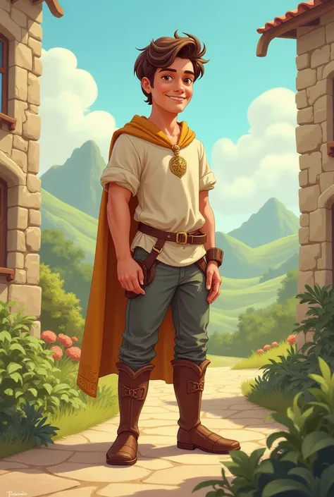 Simple young man, prince, casual medieval clothes, using laken jazz vintage, cartoon