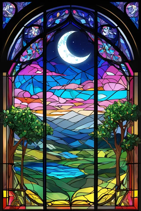 Stylish scenery　moon　 stained glass style　Quadrangle