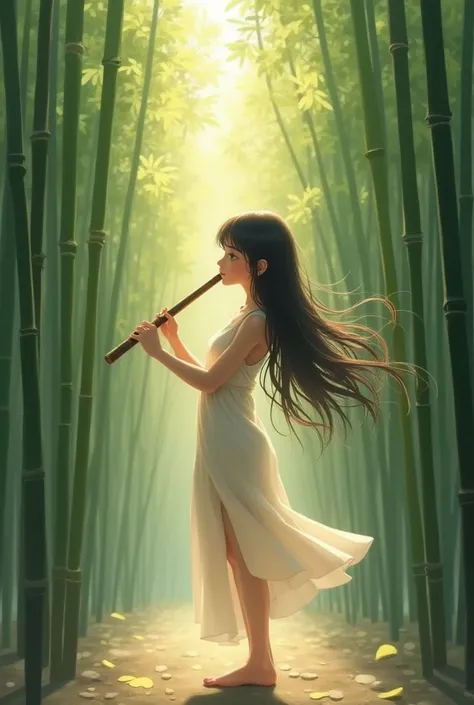 “Create an image of a beautiful girl playing a flute in a serene bamboo forest. The soft, dappled sunlight filters through the tall, lush bamboo stalks, casting gentle shadows on the ground. The girl has flowing, long hair, wearing a simple, elegant dress ...