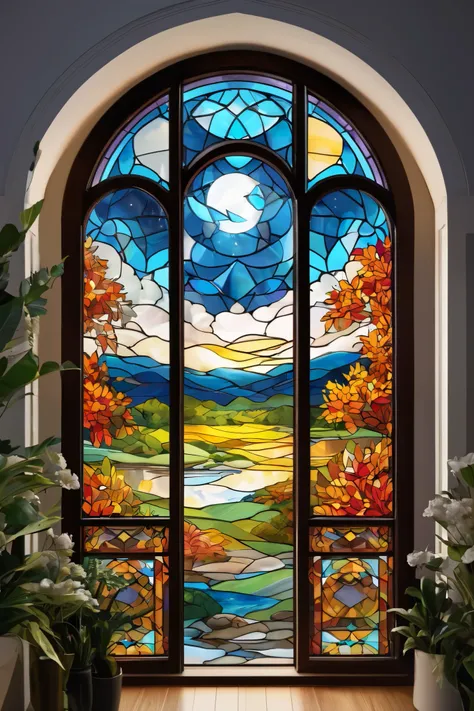 Stylish scenery　moon　 stained glass style　Quadrangle