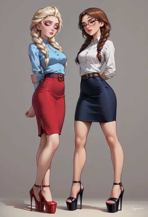 score_9, score_8_up, score_7_up, 2girls, duo, (Anna, brown hair, braided pigtails, wearing tight pencil skirt, belt, blouse, spectacles, platform heels:1.3) and (Elsa, blonde, braid, wearing tight pencil skirt, belt, blouse, spectacles, platform heels:1.2)...