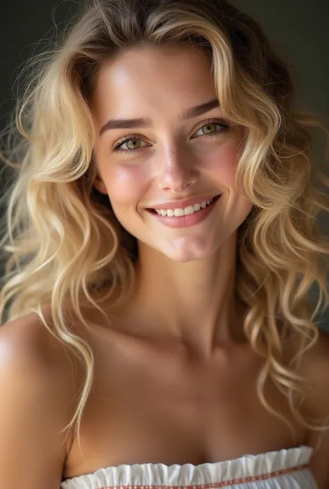  features, a girl with beautiful blond curls that fall softly on her face . She has hazel eyes , , an enchanting smile and dimples that stand out every time she smiles. Your nose is perfect,  outlined and harmonious with her 