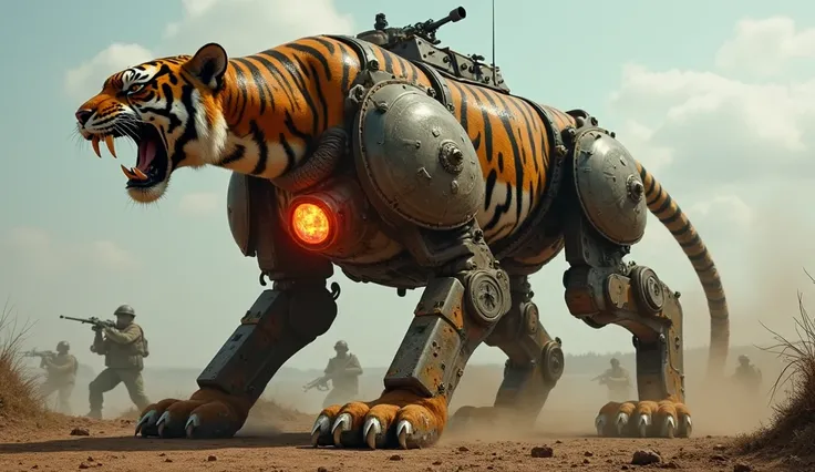 "A terrifying hybrid beast stands in the middle of a war-torn battlefield—part tiger, part tank, and fueled by an unknown energy source from a glowing apple embedded in its chest. Its body is covered in a mix of organic striped fur and heavy metal armor pl...