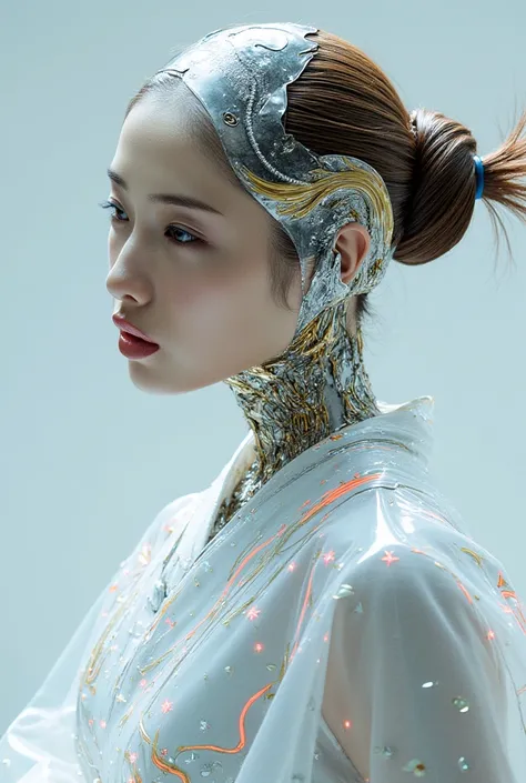  Picture of a Japanese female android in her mid-20s made of shiny white and silver translucent glass and plastic,  Geisha Makeup and Hairstyles , Silvery metal interior ,  Dynamic Poses,  flowing organic structure , Shiny Gold Circuit , colorful  neon tri...