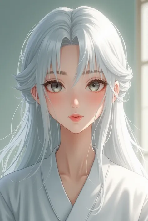  close-up of a woman taking a photo wearing a white robe, Realistic painting by Ye Shin , Tumbler, Tachismo,   real-world anime girl  ,  完璧なWhite Hair Girl ,  Please wear , White Himekat ,  long gray haired person ,   flowing white hair  , White Hair Girl,...