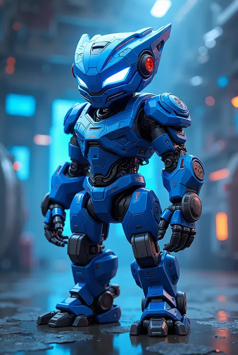 create a mascot related to technology and robotics,i want it's part s to look similar to apex from battle royal, qnd make it in colour blue