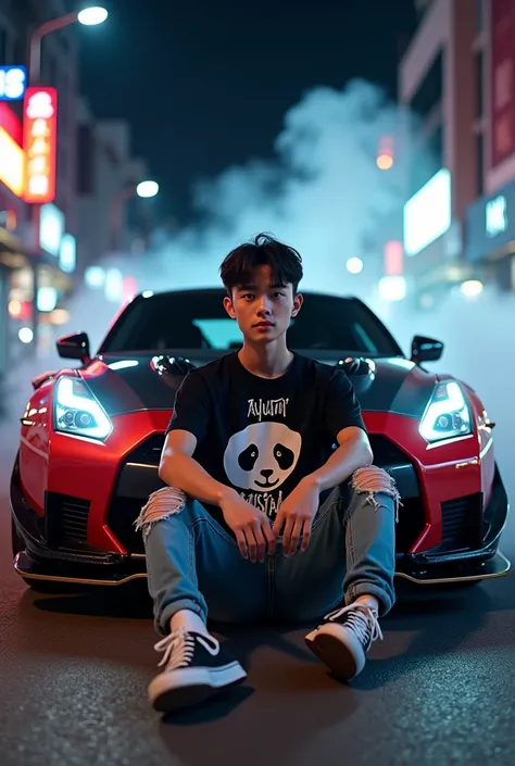  a 23 year old young korean handsome man is sitting in front of a Nissan racing car and behind him is a puff of smoke, wears a black t-shirt on his t-shirt there is a picture of a panda and underneath there is graffity writing  "AYUMII "  ripped jeans ,con...