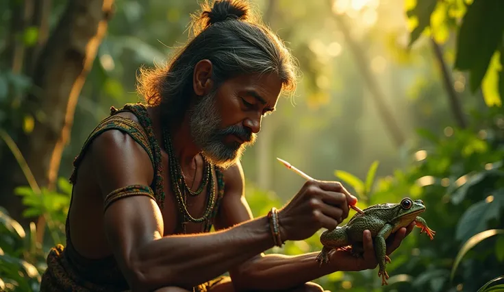 An indigenous hunter dipping a dart into the frog’s skin, UHD, ultra-realistic, traditional clothing, jungle backdrop, golden hour lighting 9:16