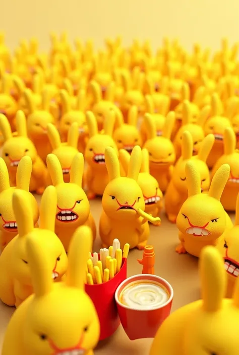 100 Yellow Rabbits with Teeth eat Fries and drink Water