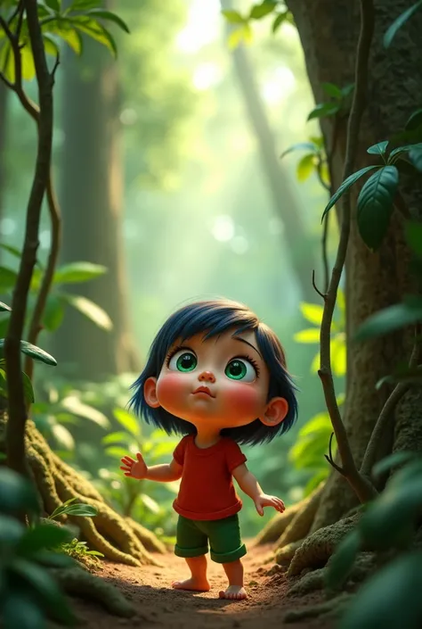 In the jungle, the baby girl with big green eyes and blue-brown hair, wearing her red shirt and green pants, looks up in awe at the towering trees. The jungle around her is dense with vines, and she’s stepping carefully, holding her friend’s hand. Her wide...