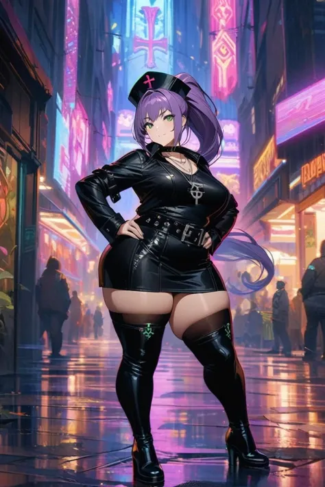 anime artwork, fullbody, A very plump gothic woman with straight purple hair in a ponytail, small breasts, thick hips, thick thighs and a plump butt.
She is standing smiling in a city with neon lights. She is wearing a mask around her green eyes, black nur...