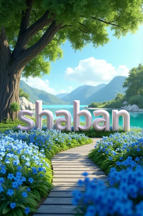 3d writing. Large stylized city square , it says : "Shaban ".  ,  In the middle of a blue flower garden , Beneath a large lush tree , next to a black wooden path , towards a clear green lake with white grassy rocky hills,on a sunny morning , Ultra HD. foto...