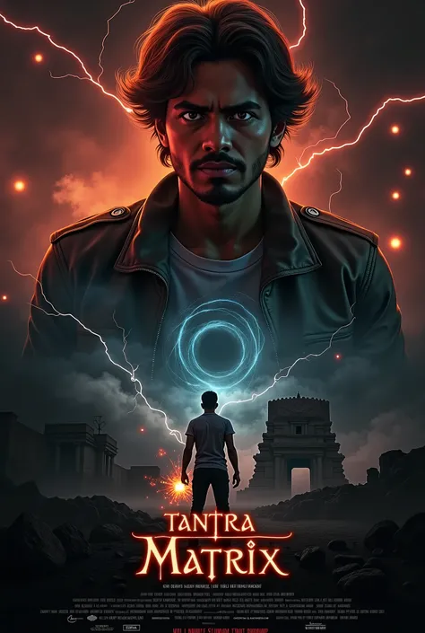 high-end Bollywood fantasy horror movie poster for "Tantra Matrix". A young male protagonist, Jeevan Ghosh, in his early 20s, wearing modern casual clothing, stands in the foreground holding a glowing Trisul, crackling with fiery orange and electric blue e...