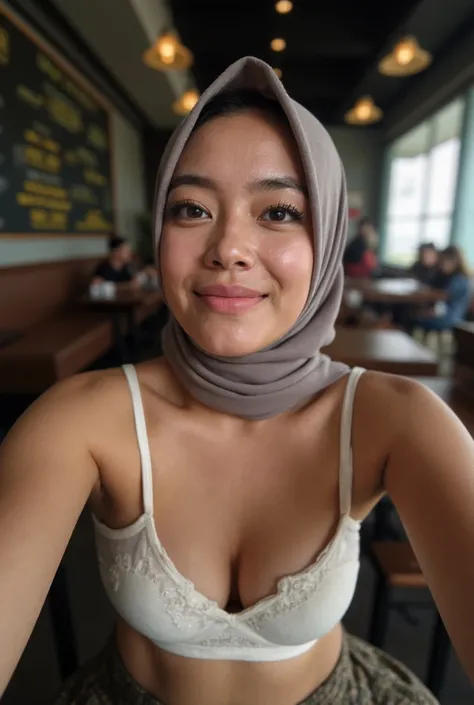 A 40 years old Malay woman wearing a hijab, a cotton  bra, one hands up pose, erotic mood, revealed the armpits ,. the picture is taken by self selfie, showing an sexy face. Sweat, in the background,  at noon, in cafe, Textured Skin, , Bored, 