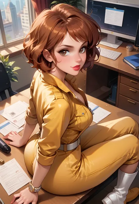 score_9, score_8_up, score_7_up, 1girl, solo, beautiful waifu, sexy (april o'neil, short hair, brown hair, brown eyes, lips, lipstick:1.3), wearing (yellow jumpsuit, zipper, wristwatch, white belt:1.2), white boots, (plain choker:1.1), naturally curved, se...