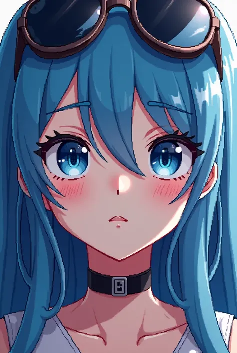 head of a girl. has long blue hair. blue eyes. wearing sunglasses. anime, pixel art