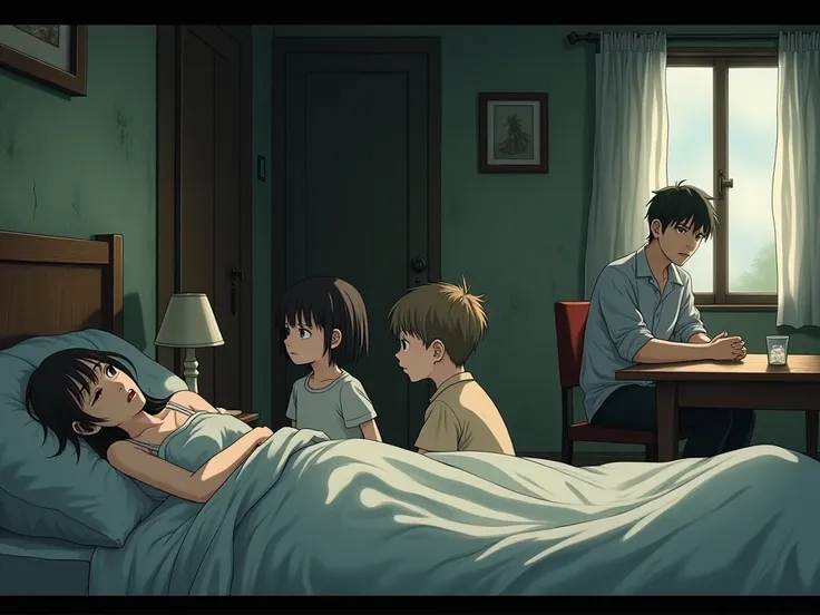 Inside an old house There is a woman lying in bed with and next to her bed a girl with short hair facing a boy and behind them a man sitting and drinking water at the table. anime style