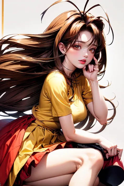 (masterpiece, best quality:1.2), cowboy shot, solo, 1girl, narusegawa naru, smile, looking at viewer, antenna hair, yellow shirt, short sleeves, red skirt, pantyhose, detailed background, professional artwork, very detailed whole picture, nice legs, attrac...