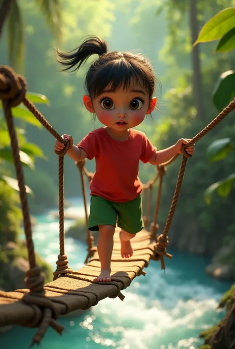 The baby girl is crossing a narrow rope bridge over a river, holding onto the ropes with both hands. Her red shirt flutters in the wind as her green pants sway. She’s focused but a little scared as she looks down at the flowing water below.
3D Pixar Style:...