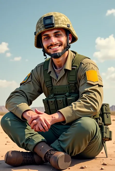 a military man setting on the ground and smiling , with a yellow badage