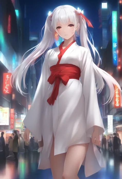  Masterpiece,  top quality,  Very Aesthetic,  1 girl, Alone, Higashino Akiba , Tsukihime,   white hair band,  white shirt,  red ribbon, lips,  puffy face, ,   hands on own hips,  while inside,  upper body,  indoors,  backlight,   night , ( dark), city、 twi...