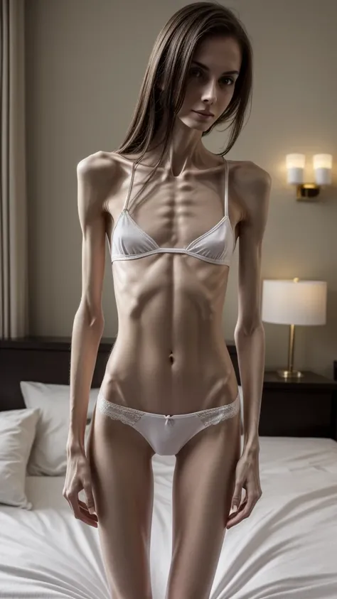  severe anorexic women, American anorexics 　 very slim body,   body visible bones,   very thin  ,flat male chest 　  Sweaty Body,  pale white skin  ,  panties,   full body,  dark hotel bedroom