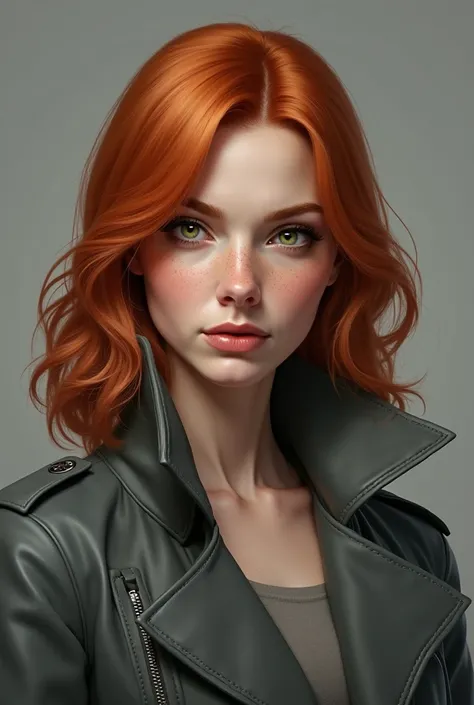 barbara gordon, realistic, portrait, strawberry blonde hair, hazel green eyes, grey coat