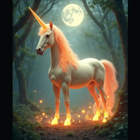 A majestic glowing unicorn with a flowing mane of fire, standing in an enchanted forest under a full moon.