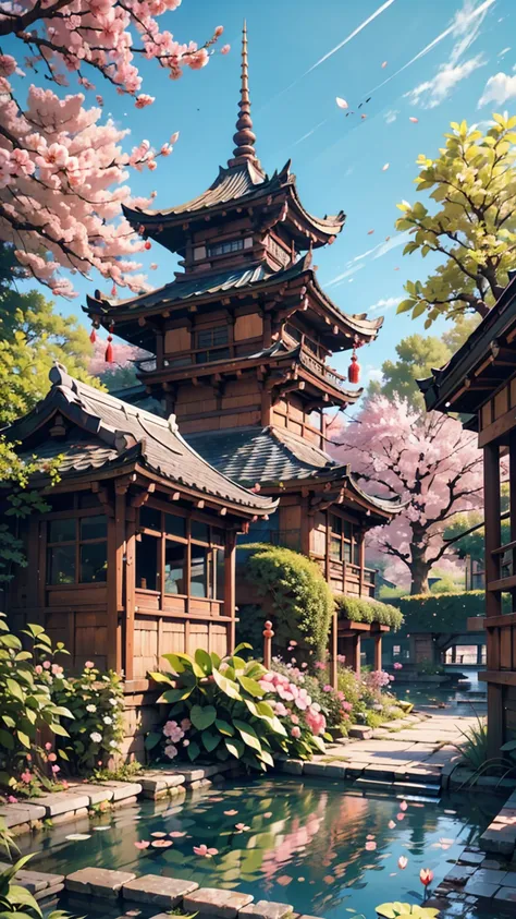  absurd,  high resolution,  Super Detail,  beautiful,  Masterpiece,  top quality,Ancient temples,  Lush Garden ,  bright color, Quiet Pond, Traditional architecture, cherry blossoms