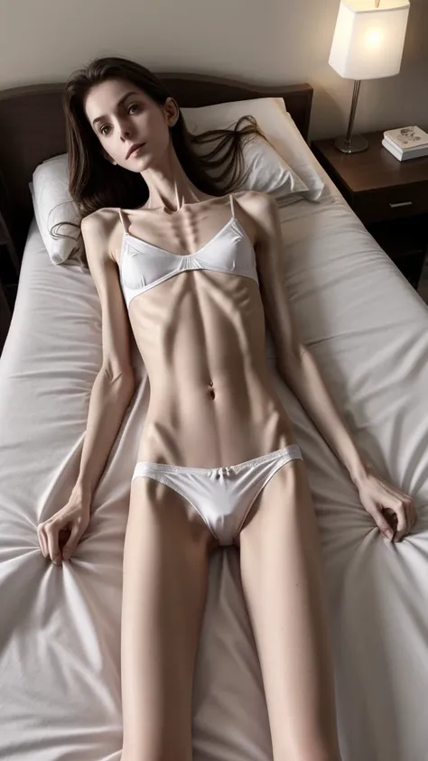  severe anorexic women, American anorexics 　 very slim body,   body visible bones,   very thin  ,flat male chest 　  Sweaty Body,  pale white skin  ,  panties,   full body,  dark hotel bedroom、 lie on your back on the bed　 open　 spread your legs　 low angle