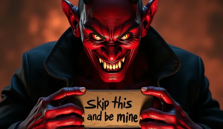 "A close-up of a devil's face with fiery red skin, sharp, arched eyebrows, and a devilish grin, showing his fanged teeth. He holds a sign close to his chest with both hands, with 'SKIP THIS AND BE MINE' written in large, bold letters. His intense, glowing ...