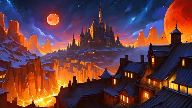 a panoramic view of a medieval village in flames, aerial view, firey environment, burning battlefield, blood moon in the night sky