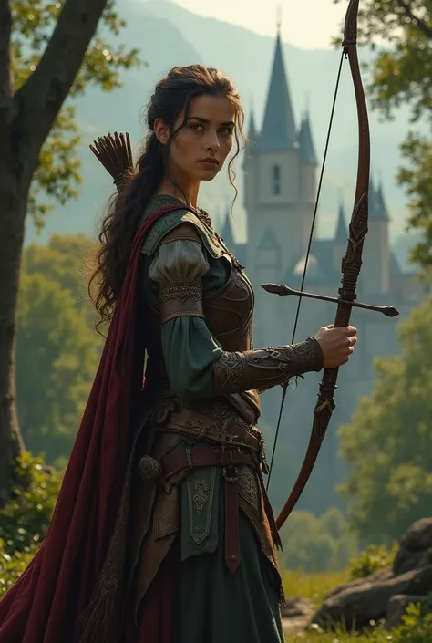 A warrior princess 
20 years old 
Hight 5 foot 9 inch 
Dark brown hair 
Green eyes 
Fair skin colour 
Holding a archery bow
Wearing a warrior princess suit 
Beautiful young lady with slender figure
In front of a foresty castle 