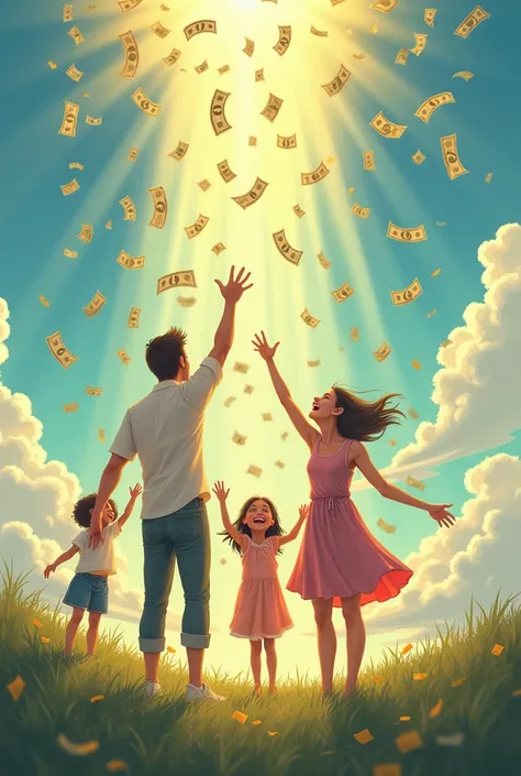 a family happily got a lot of money from the sky