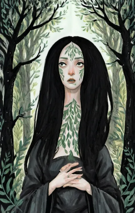 2D ART, hyper detailed gouache painting, illustration, gougoupaintleaves style, portrait of a man, 1boy, solo, black hair, long hair, long_hair, male_drow:1.5, dark elf, black eyes, black sclera, detailed face, handsome features, tonned, lean naked body, d...