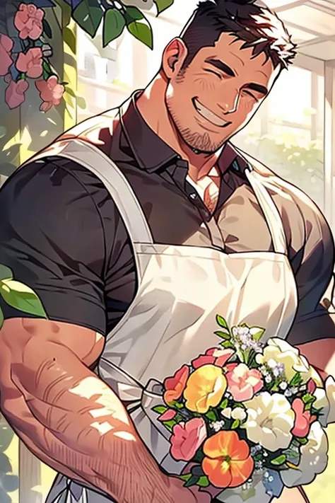 morning、no chest hair,(Solo Male:1.2)、niij male、(Wearing a apron:1.2)、(masutepiece:1.2),a plant、(surrounded by beautiful bouquets:1.5),thick eyebrow、(The chest muscles are exposed:1.4), [(muscular male:1.2)|Musclegut], ([Massive|:1.2)Stocky], short-haired、...