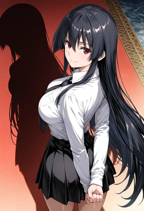 (masterpiece),(best quality),(ultra-detailed),(best illustration),(best shadow),(absurdres),(detailed background),(very aesthetic),akame-illustxl, 1girl, long hair, black hair, red eyes, very long hair, shiny skin, white shirt, collared shirt, black neckti...