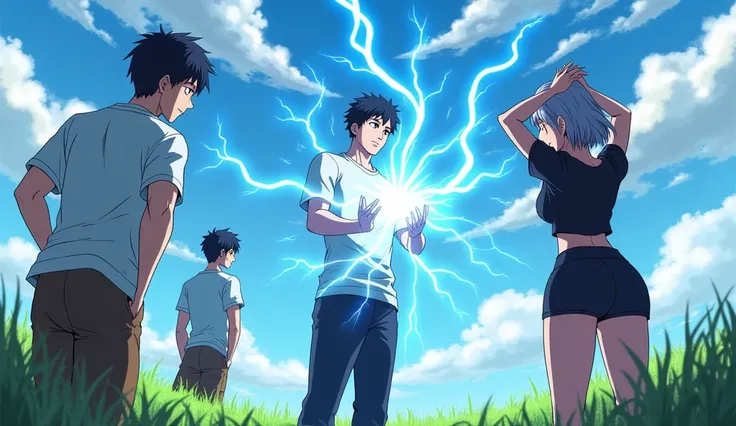  Draw me a bright anime-style picture , with an adult anime character ,  he looks at his hands around which blue lightning is flying ,  A character in a shabby tracksuit stands outside on a bright sunny day, , behind it is an admiring girl with big breasts...