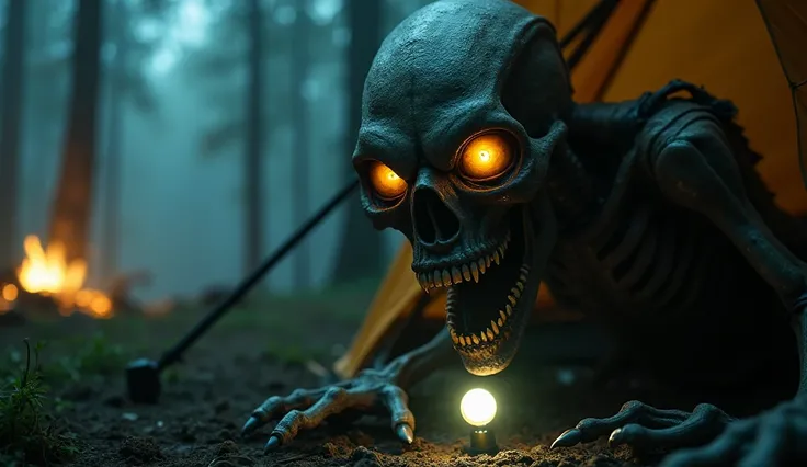 Extreme close-up of a monstrous humanoid creature (glowing yellow-red eyes, elongated skeletal face with translucent smoky skin, jagged teeth) emerging from dark mist, hyper-detailed texture. Foreground: torn tent fabric and broken flashlight. Background: ...