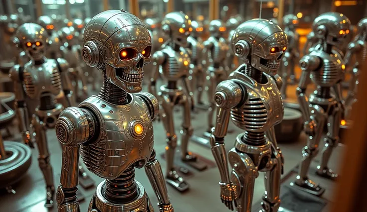  Newly made robots, in line, on production tapes ,  one after the other ,  looking like human skeletons but metallic and with circuits. In a giant factory .  The faces are skulls but with rivets and plates.  image from above , In which you can see hundreds...