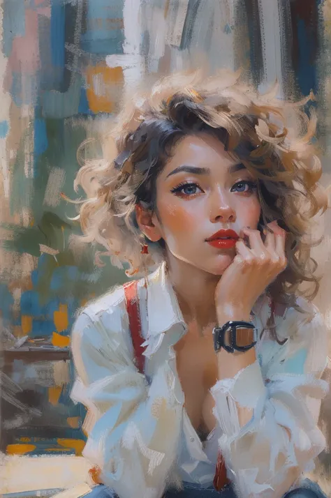 Beautiful girl in modern asian city，white  shirt，Denim suspenders，Big scalp shoes，cabelos preto e longos，curlies，Sexy and seductive red lips，full bodyesbian，Sit cross-legged，portraitures，oil painted，inks，acrycle painting，tmasterpiece，Renaissance style，best...