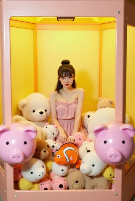 an korean woman with fair skin and dark hair, styled in a neat updo, is standing inside the claw machine, holding onto the claw mechanism. She is wearing a light pink, ruffled dress. Surrounding her are numerous plush toys, including teddy bears in various...