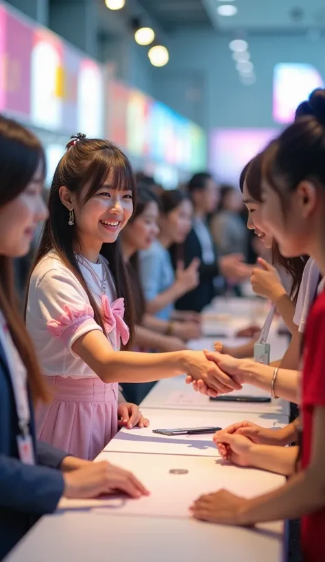 A Japanese idol handshake event scene, featuring a young female idol in a cute outfit standing behind a table.
She is smiling warmly and shaking hands with a fan, who is excited and nervous.
The background shows other idols and fans in a brightly lit event...