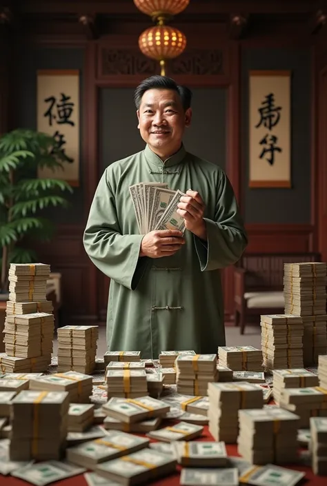 real chinese man holding a lot of money in his room