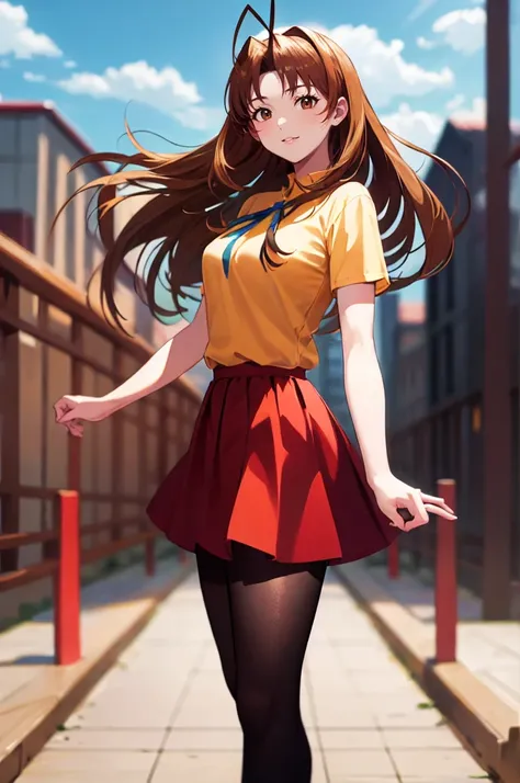 (masterpiece, best quality:1.2), cowboy shot, solo, 1girl, narusegawa naru, smile, looking at viewer, antenna hair, yellow shirt, short sleeves, red skirt, pantyhose