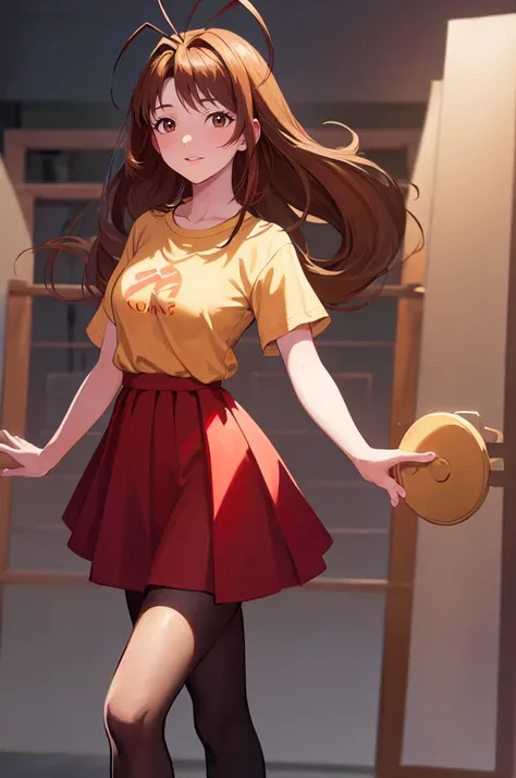 (masterpiece, best quality:1.2), cowboy shot, solo, 1girl, narusegawa naru, smile, looking at viewer, antenna hair, yellow shirt, short sleeves, red skirt, pantyhose